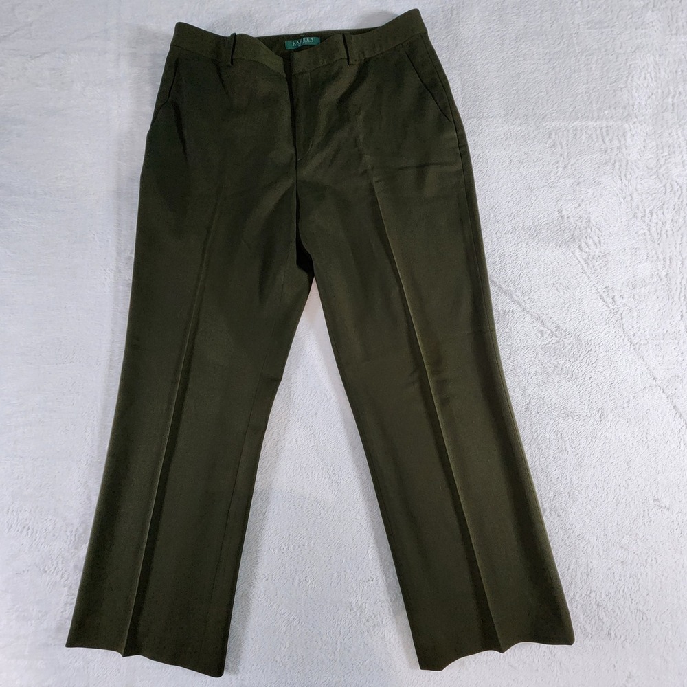 Ralph Lauren Wool Dress Pants Wide Leg Trousers Womens 12P Olive Green 33W 27.5L